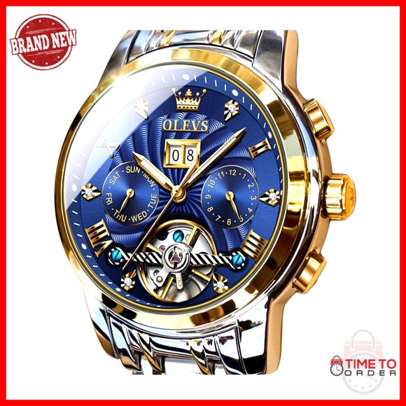 Automatic Skeleton Watch Stainless Steel Waterproof Multi Calendar Men's
